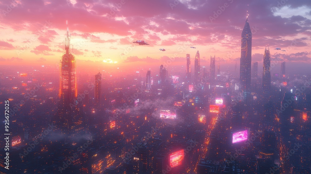 Fototapeta premium Futuristic City Skyline at Sunset.