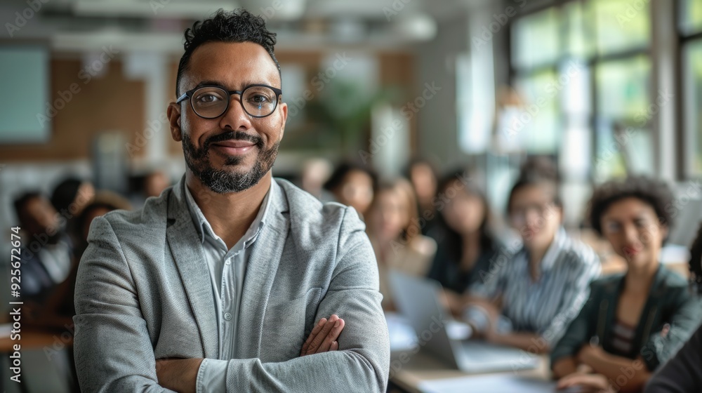 A man with glasses stands in front of a group of people. He is smiling and he is confident. The people around him are looking at him, and there are several laptops and books in the background A man with glasses stands in front of a group of people. He is smiling and he is confident. The people around him are looking at him, and there are several laptops and books in the background