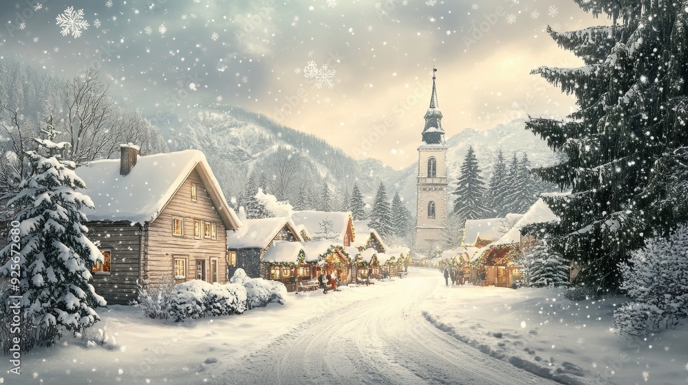 Snowy Christmas Village with Church Bell Tower. Snowy Christmas Village with Church Bell Tower.