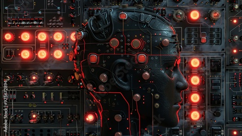 the control panel of the human mind, electronical bottons and leds, artistic surrealism photography photo