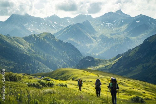 People travelers with large hiking backpacks go hiking in the mountains, group of people, nature, togetherness, camping, vacation.