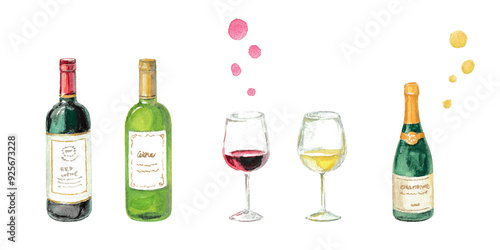 水彩絵の具で描いたワインのセット