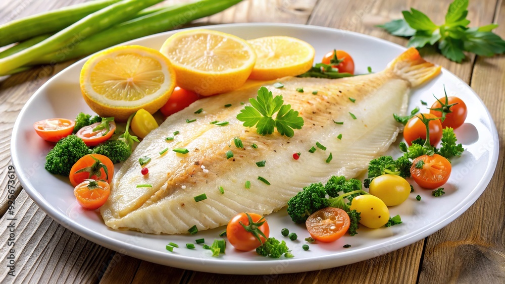 Delicately seasoned and perfectly cooked flounder fillet, garnished with fresh parsley and lemon, served on a white plate with a side of steamed vegetables. Delicately seasoned and perfectly cooked flounder fillet, garnished with fresh parsley and lemon, served on a white plate with a side of steamed vegetables.