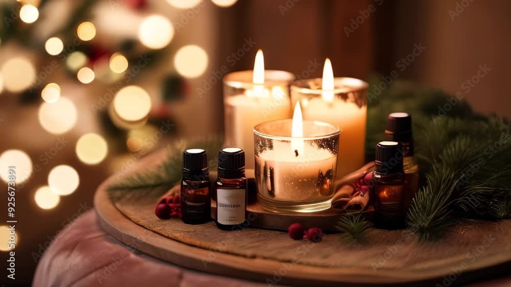 spa setting. collection of candles and aromatherapy products, pine tree branch on wooden surface. burning candles and essential oil. Aromatherapy, essential oil spa setting. collection of candles and aromatherapy products, pine tree branch on wooden surface. burning candles and essential oil. Aromatherapy, essential oil