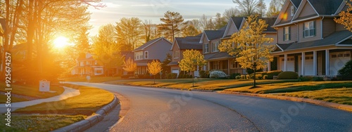 A street with houses on both sides and a sun setting in the background. The houses are all different sizes and styles