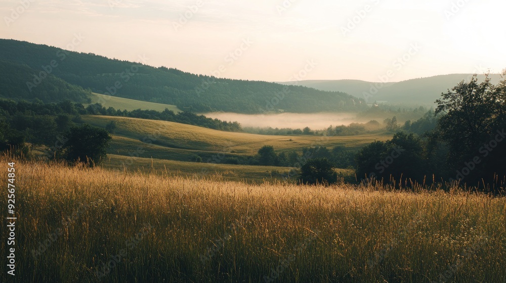 Fototapeta premium Serene Morning Landscape with Mist