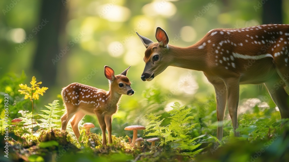 Mother and fawn deer in a lush forest Mother and fawn deer in a lush forest