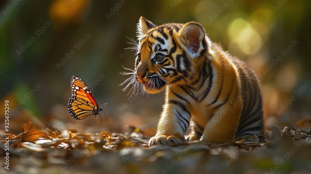 Curious Tiger Cub Encountering a Butterfly Curious Tiger Cub Encountering a Butterfly