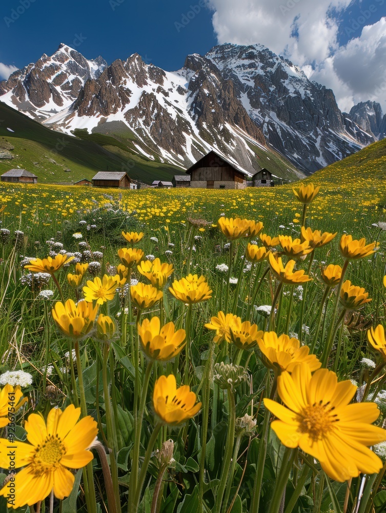 Fototapeta premium A field of yellow flowers with a mountain in the background. The flowers are in full bloom and the sky is clear
