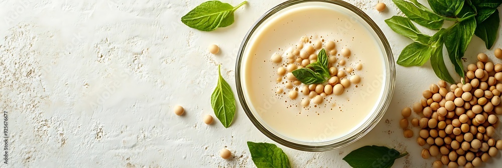 Soy Milk with Soybeans and Mint Leaves - Photo Soy Milk with Soybeans and Mint Leaves - Photo