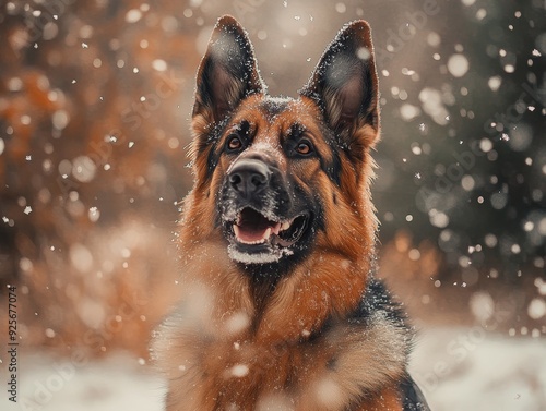 German shepherd dog in snow  serene portrait of a smiling canine in realistic style photo