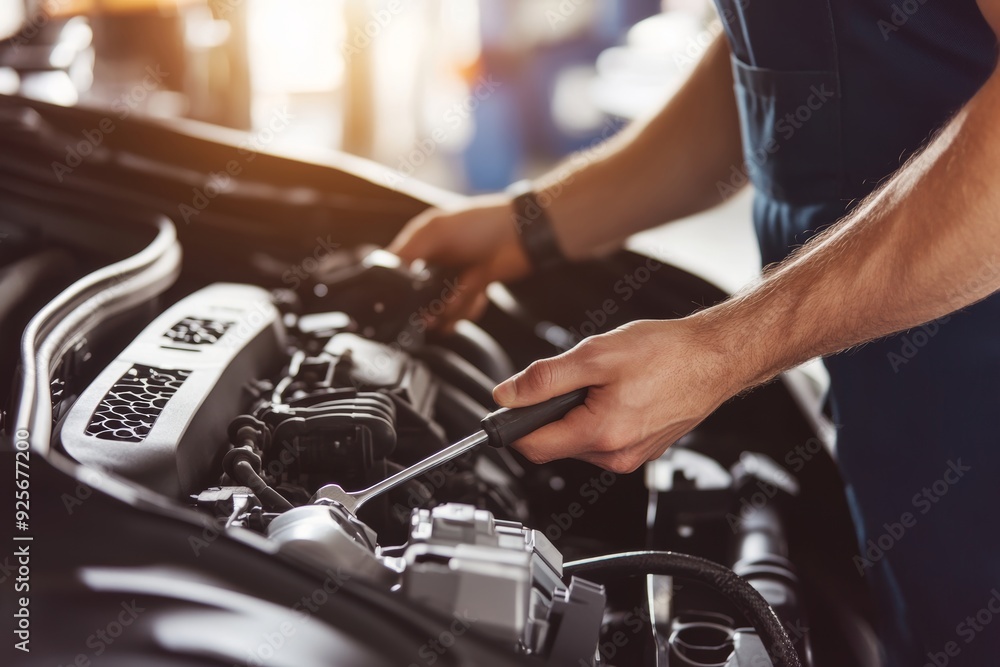 Mechanic repairing car engine in garage, close up of hands using tools for automotive repair