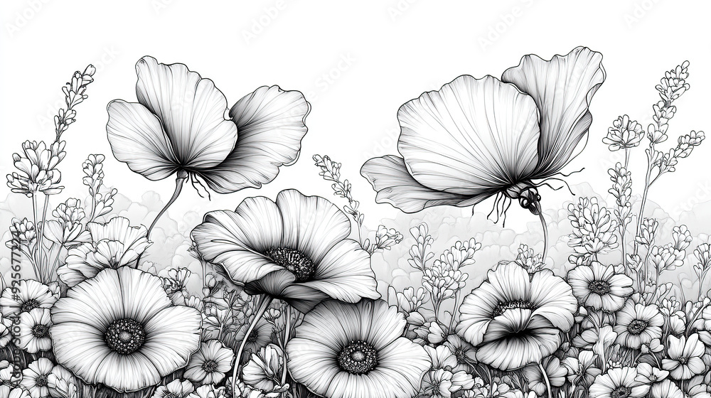 Fototapeta premium coloring page white poppy flowers