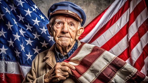 Elderly retired military veteran, dressed in patriotic attire, proudly holding American flag, with worn hands and wise eyes, symbolizing dedication and sacrifice. photo