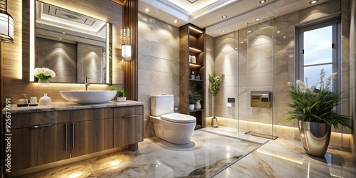 Elegant bathroom features a sleek, high-tech toilet with advanced bidet functionality, surrounded by spa-like ambiance, marble floors, and lavish decorative accents.