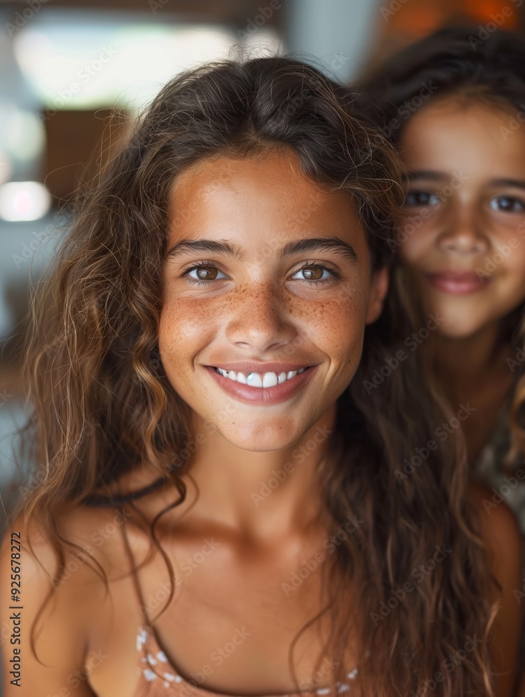 Portrait of smiling teenage girl with sister in background Portrait of smiling teenage girl with sister in background
