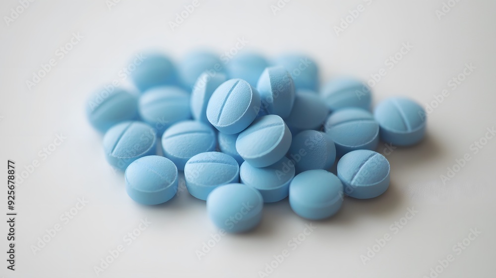 A close-up of scattered blue pills on a white surface.