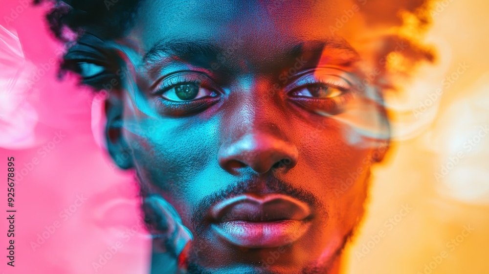 Close-up Portrait of a Young Man with Neon Lights. Close-up Portrait of a Young Man with Neon Lights.