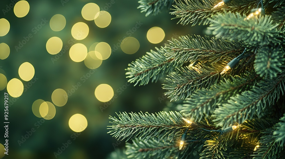 Elegant Festive Pine Branches with Golden Lights, Bokeh Effect Background for Christmas and New Year Celebrations, Abstract Nature Design with Space for Text and Web Banners Elegant Festive Pine Branches with Golden Lights, Bokeh Effect Background for Christmas and New Year Celebrations, Abstract Nature Design with Space for Text and Web Banners