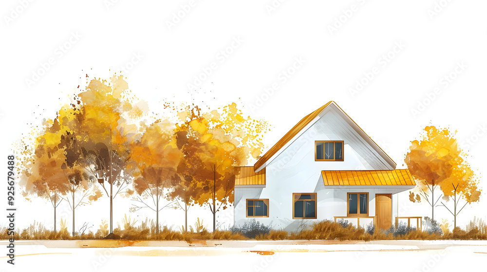 a house with a yellow roof and a yellow roof and trees in front of it ...