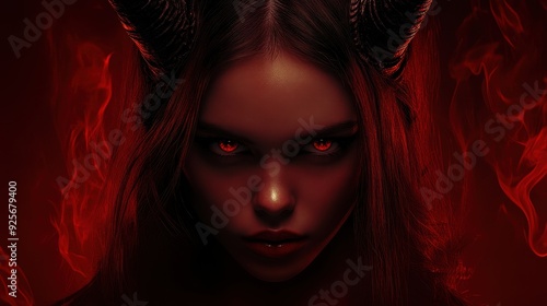 Woman with Devil Horns and Red Eyes.