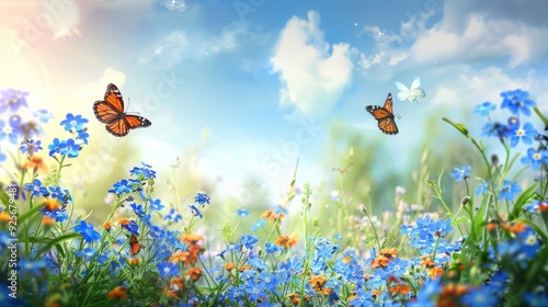 Tranquil meadow with blue forget me nots and butterflies in wild nature landscape