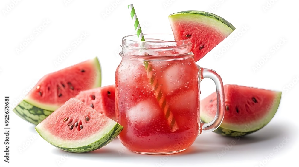 Watermelon Juice with Ice and Straw in a Glass Jar - Realistic Photo Watermelon Juice with Ice and Straw in a Glass Jar - Realistic Photo
