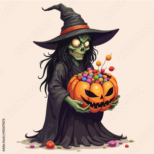 Halloween Treats: Witch with a Pumpkin Basket of Candy