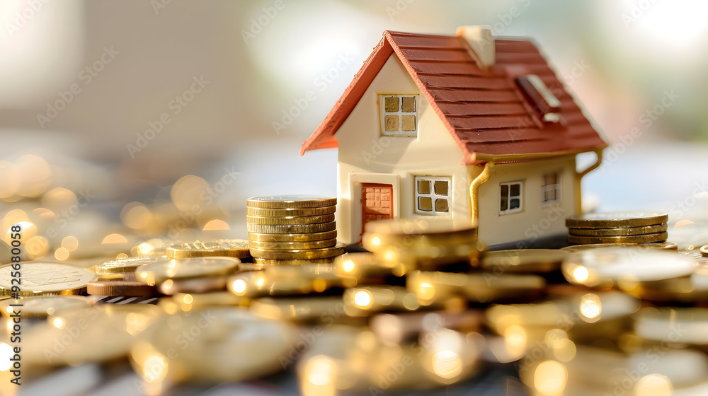 Affordable housing - mortgage stimulus program investment, real estate and property concept - close up home model and Piles of gold coins Affordable housing - mortgage stimulus program investment, real estate and property concept - close up home model and Piles of gold coins