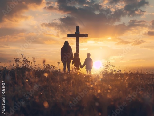 Silhouette of family seeking jesus christ s cross at autumn sunrise for easter sunday