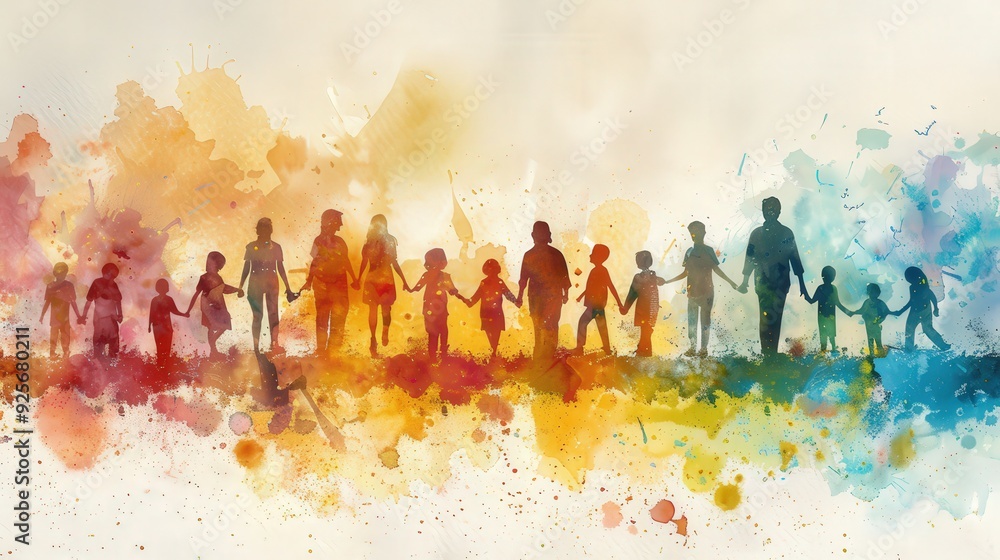 Create a watercolor banner featuring silhouettes of people of different ages, celebrating family, care, and mutual understanding across generations Create a watercolor banner featuring silhouettes of people of different ages, celebrating family, care, and mutual understanding across generations