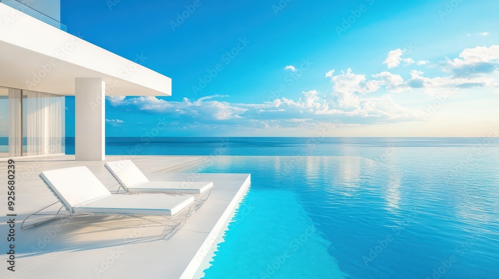 Fototapeta premium Modern Villa Infinity Pool Overlooking The Ocean.