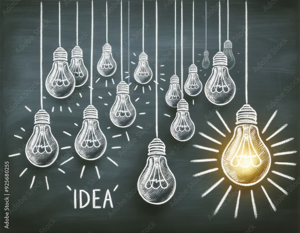 Innovation and Ideas Illustrated with Lightbulbs on Chalkboard Innovation and Ideas Illustrated with Lightbulbs on Chalkboard