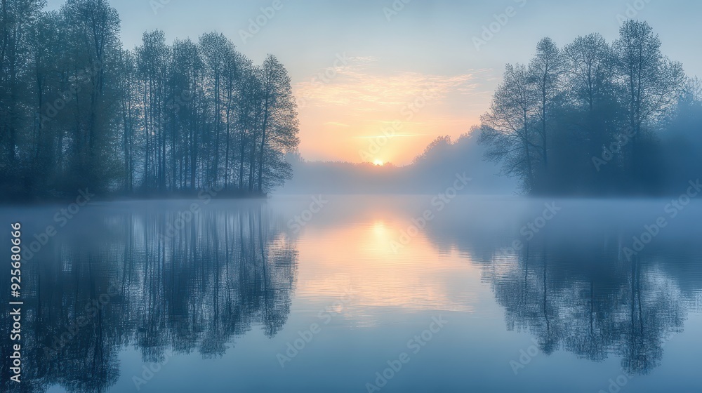 Misty Sunrise over a Still Lake. Misty Sunrise over a Still Lake.