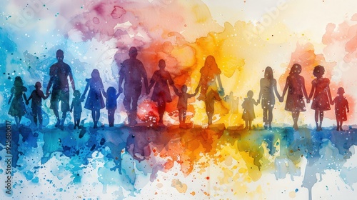 Produce a watercolor banner with silhouettes of people from various generations, capturing the essence of family, care, and mutual understanding