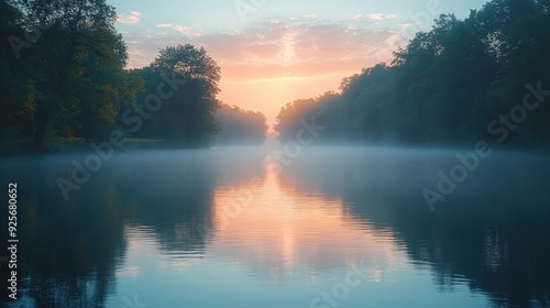 Misty Sunrise over Calm Water.