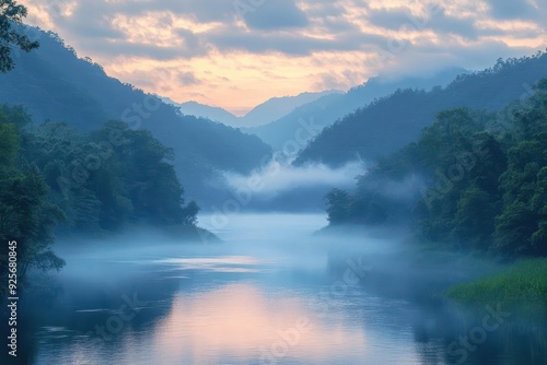 misty mountain valley at dawn serpentine river reflects pastel sky verdant slopes frame the scene dappled with early morning sunbeams