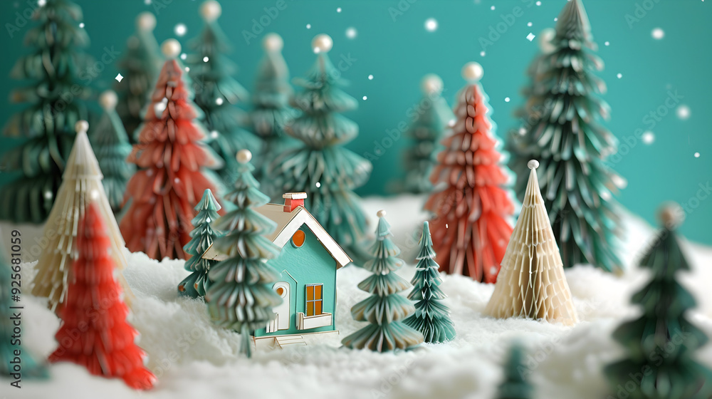 Christmas forest made paper. house Christmas tree Christmas forest made paper. house Christmas tree