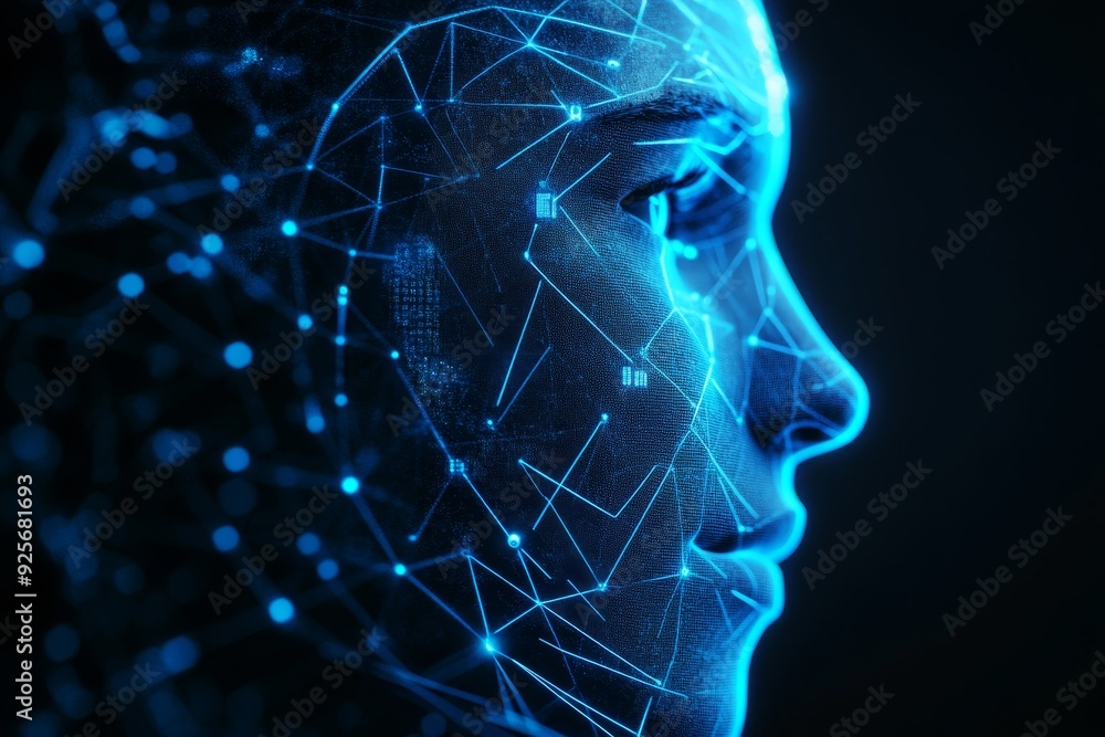 Secure digital identity human face profile shielded by blue data points for tech safety Secure digital identity human face profile shielded by blue data points for tech safety
