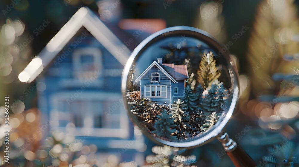 Magnifying glass with blue and white house. Hunting and searching concept. 3D Rendering Magnifying glass with blue and white house. Hunting and searching concept. 3D Rendering