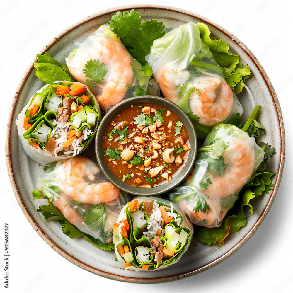 a plate of food with shrimp and lettuce rolls a plate of food with shrimp and lettuce rolls