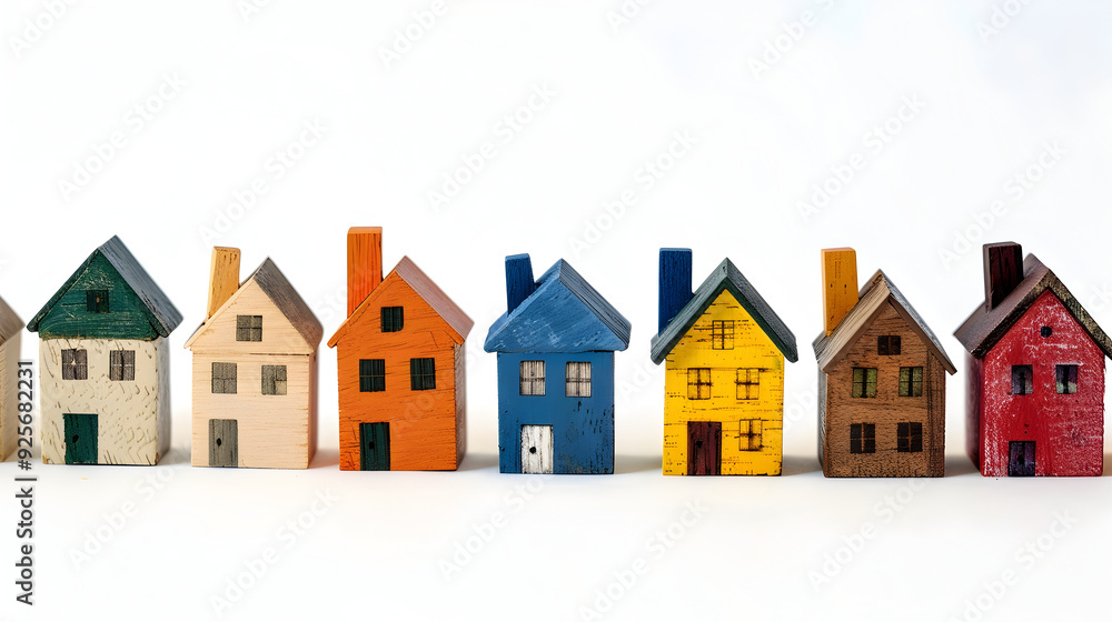 Miniature houses on white background. Building blocks arranged in row. Miniature houses on white background. Building blocks arranged in row.