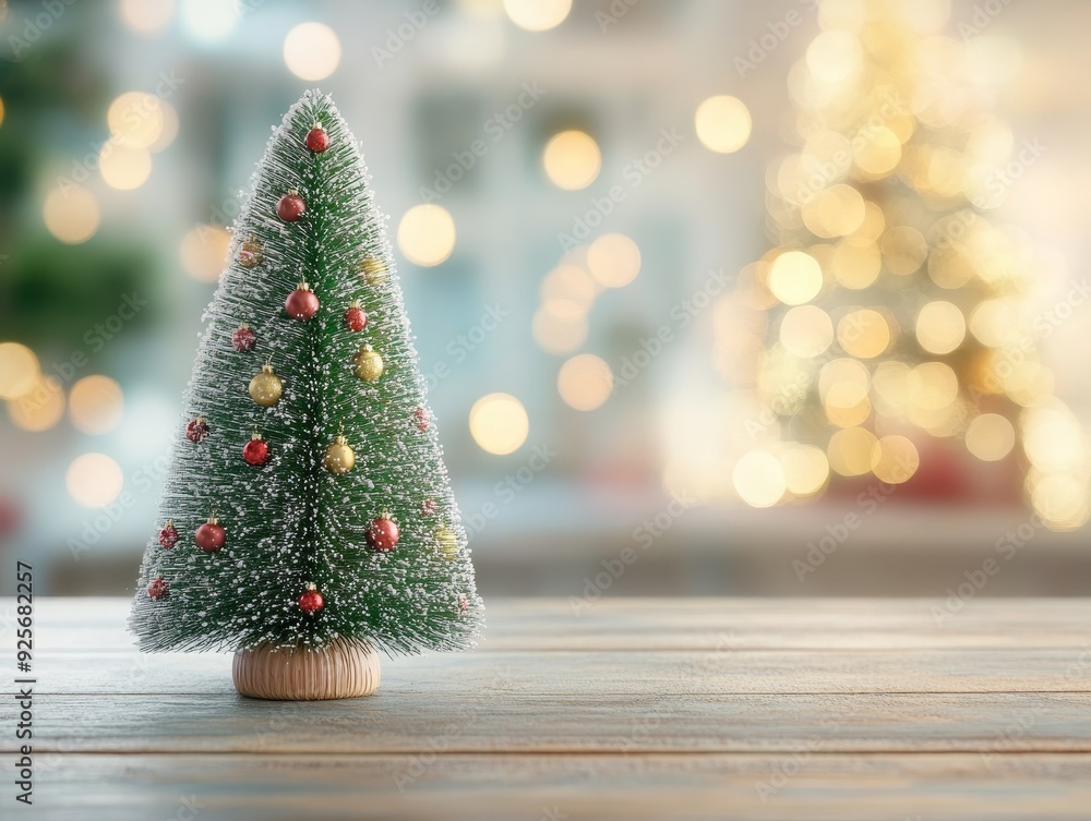 Festive christmas tree on wooden desk with bokeh background, ideal for product display, 3d render Festive christmas tree on wooden desk with bokeh background, ideal for product display, 3d render
