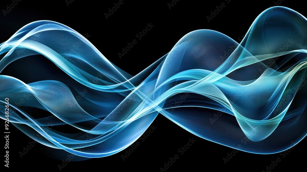 Abstract wave design in soothing blue tones, representing fluidity and motion against a dark backdrop. Abstract wave design in soothing blue tones, representing fluidity and motion against a dark backdrop.