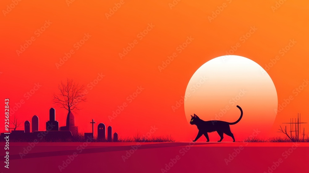 Naklejka premium Mysterious Black Cat Strolling in Spooky Cemetery - Flat Design Illustration with Eerie Shadows.