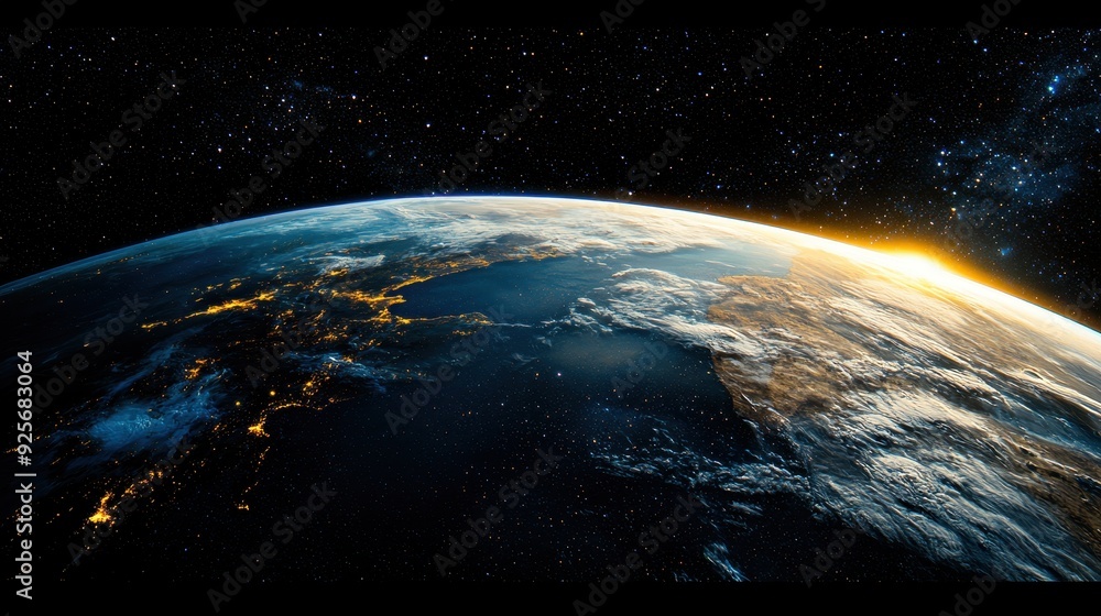 Obraz premium Stunning view of Earth from space at dawn, highlighting natural beauty and city lights against a starry backdrop.