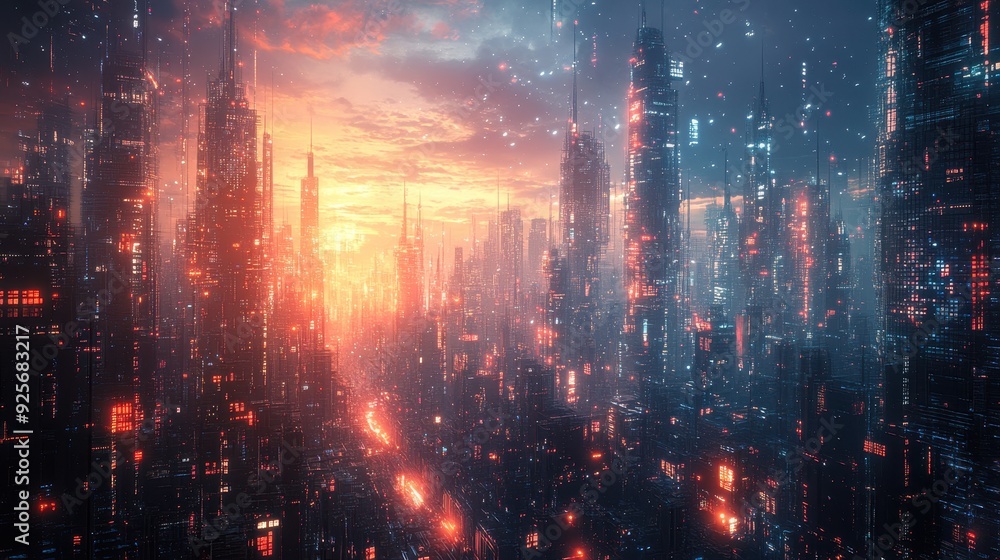 Naklejka premium Futuristic Cityscape at Sunset.