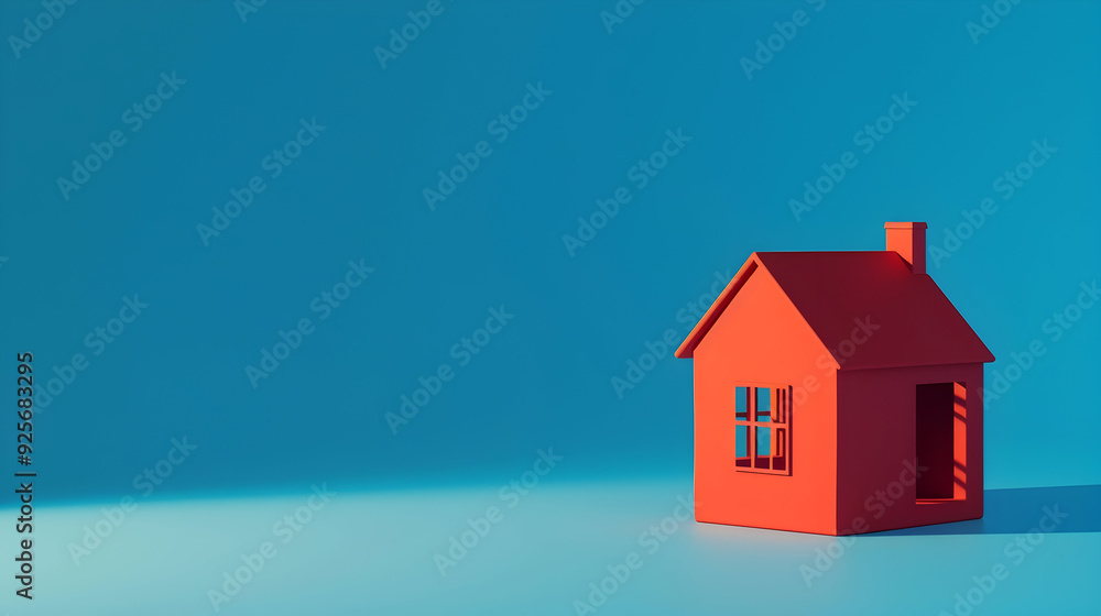 generative ai illustration of a red small house model against blue background with copy space generative ai illustration of a red small house model against blue background with copy space
