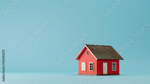 generative ai illustration of a red small house model against blue background with copy space