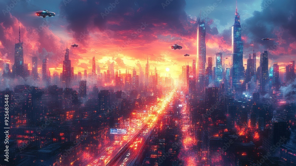 Futuristic Cityscape at Sunset with Flying Cars. Futuristic Cityscape at Sunset with Flying Cars.